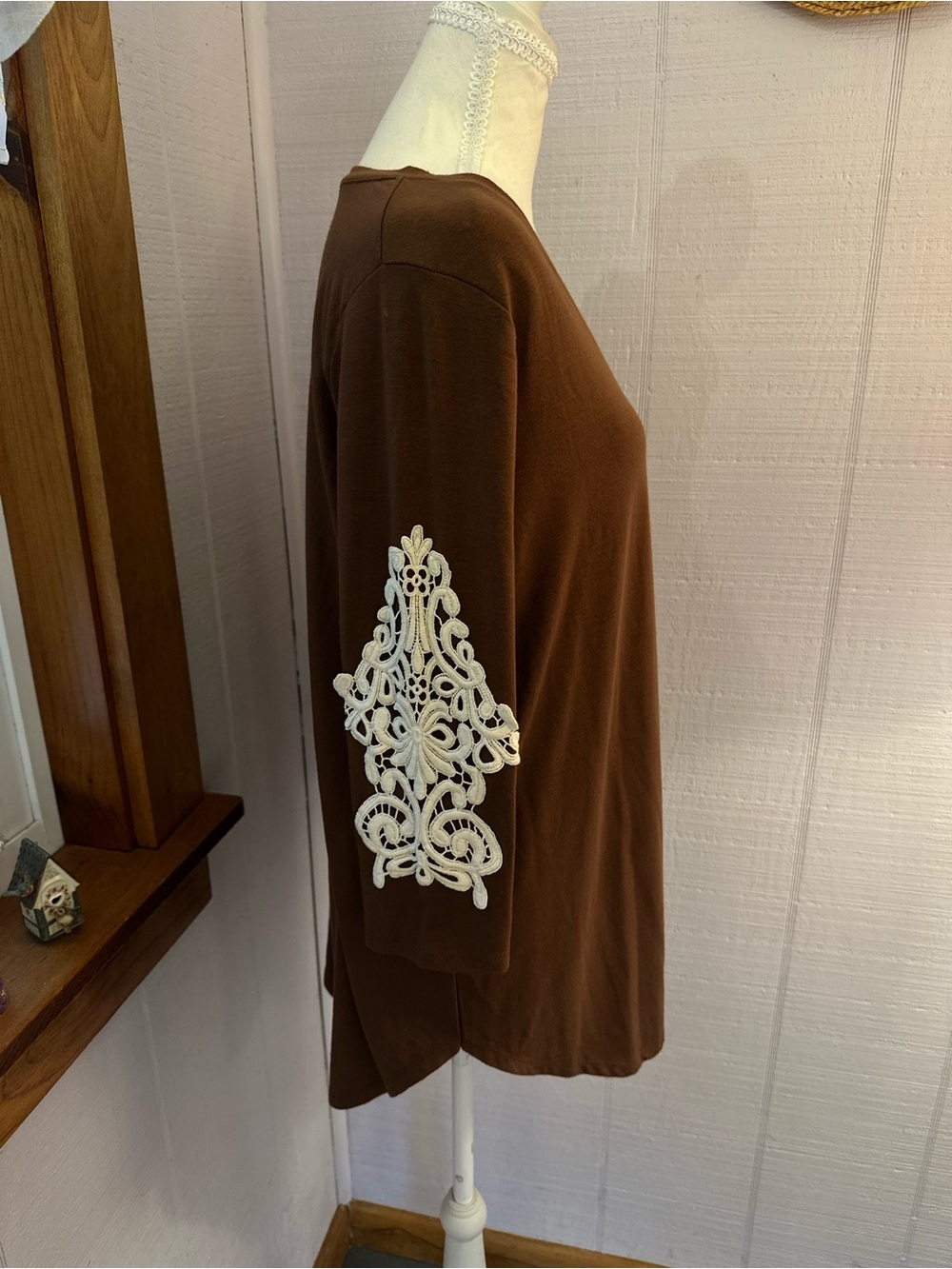 Zenana Outfitters Brown Long Sleeve Top with Ivory Lace Elbow Detail